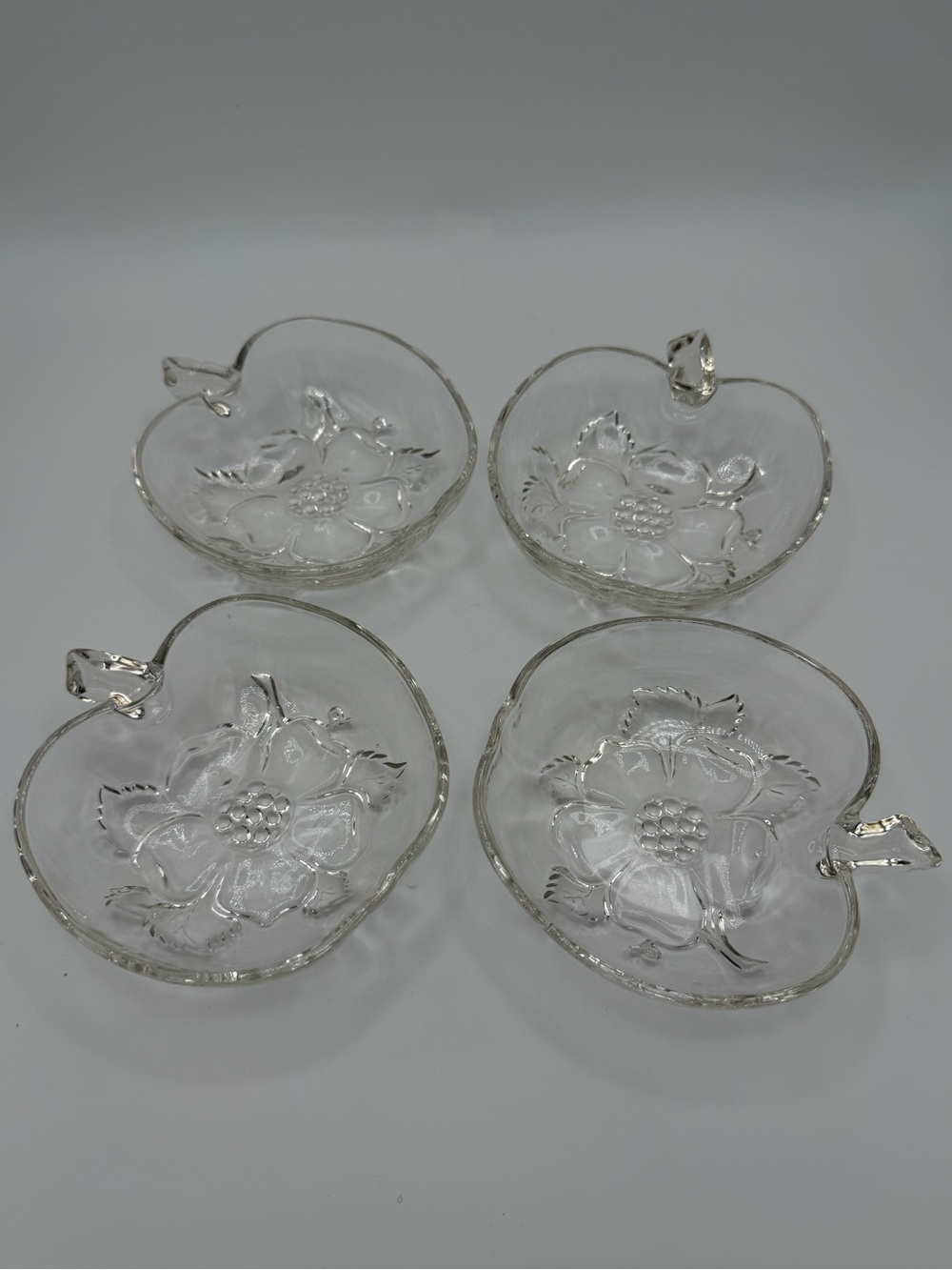 Hazel-Atlas Clear Glass Floral Apple-Shaped Serving Dishes - Set of 4